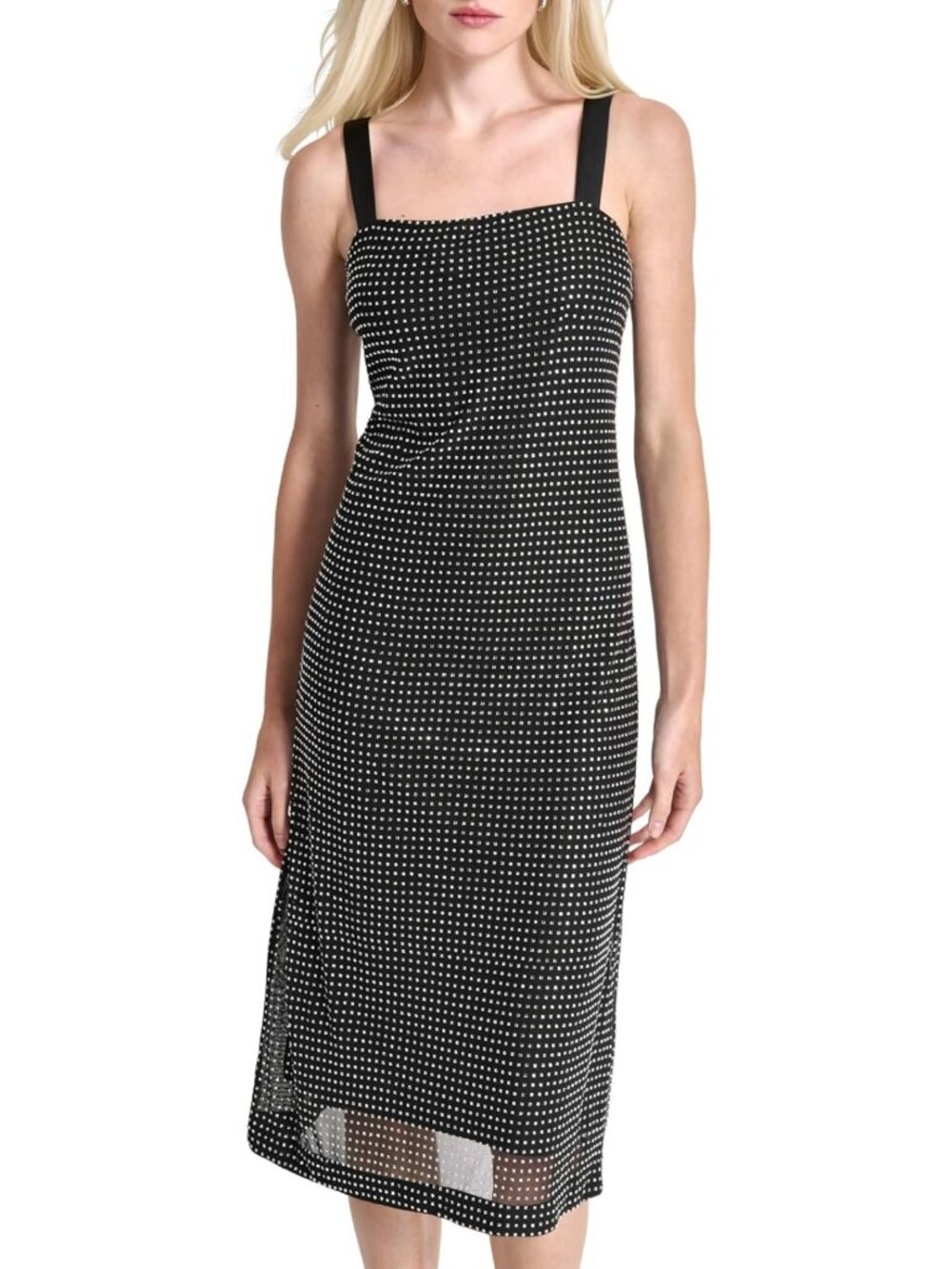 Chic Sleeveless Jewel Neck Midi Dress with Mesh Overlay - Perfect for Events!